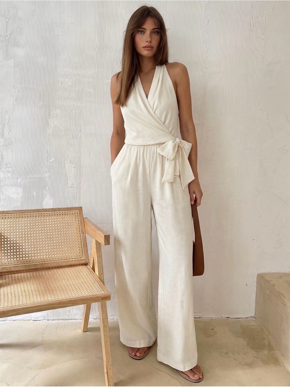 Commense Cream Wide-Leg Wrap Jumpsuit with Tie Waist